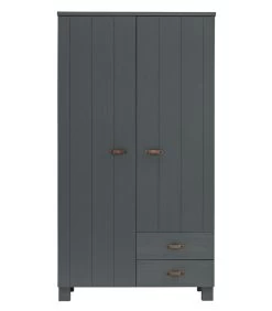 WOOOD Dennis Kast Met Laden - Grenen/Leer - Staal Grijs - 202x111x55