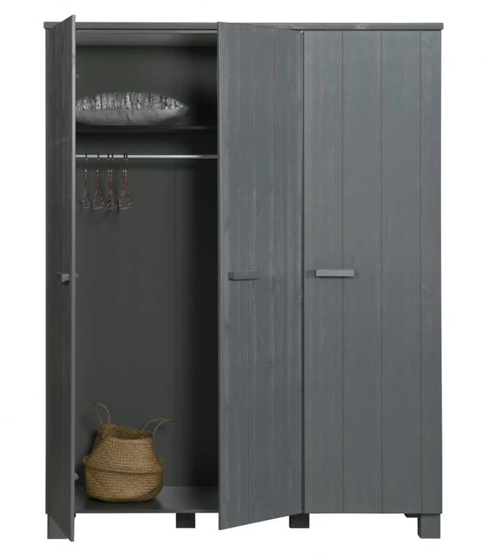 WOOOD Dennis 3-Deurs Kast - Grenen/Leer - Staal Grijs - 202x158x55 4 WOOOD Dennis 3-Deurs Kast - Grenen/Leer - Staal Grijs - 202x158x55 - Afbeelding 2