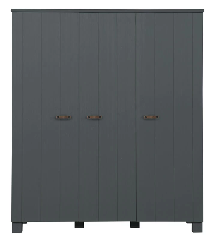 WOOOD Dennis 3-Deurs Kast - Grenen/Leer - Staal Grijs - 202x158x55 3 WOOOD Dennis 3-Deurs Kast - Grenen/Leer - Staal Grijs - 202x158x55